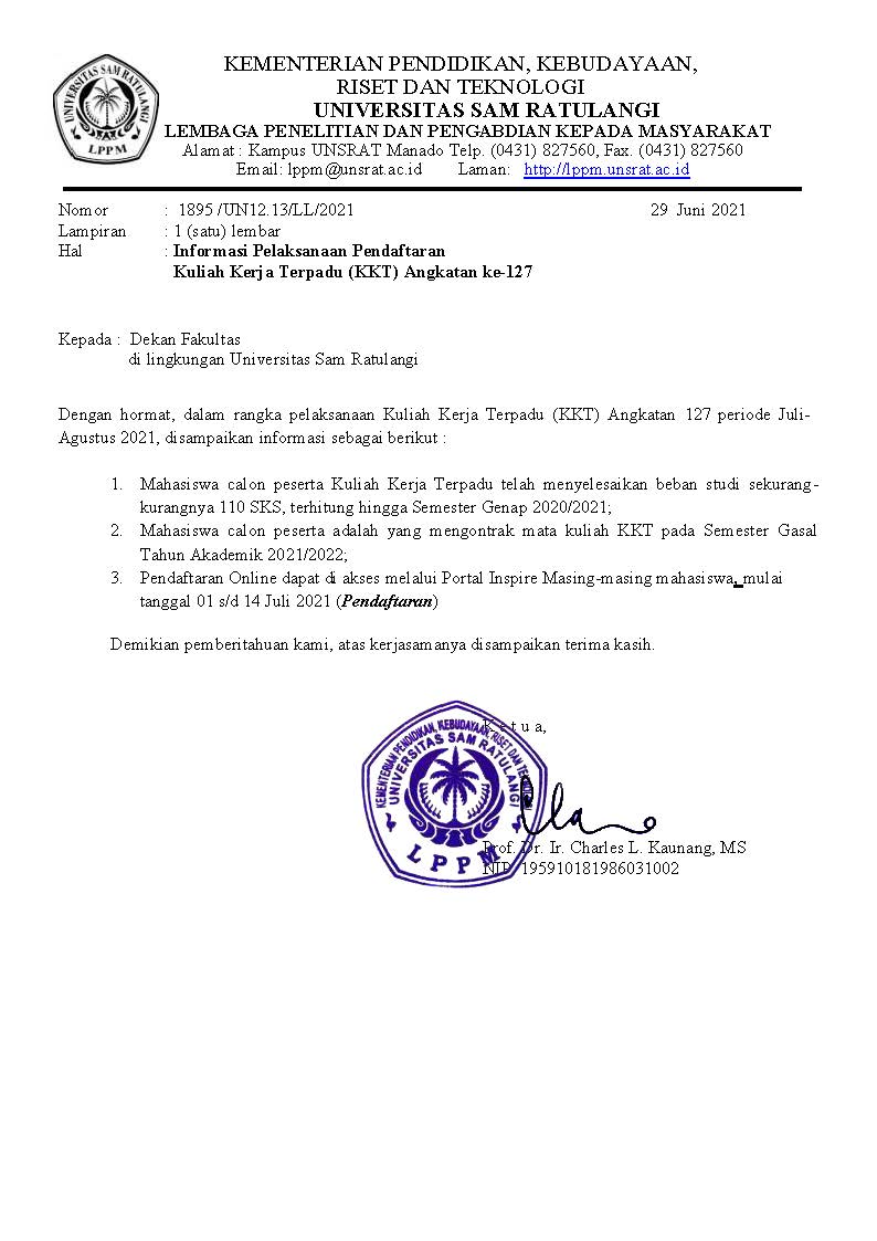 Pemberitahuan Pelaksanaan Kuliah Kerja Terpadu (KKT) Angkatan Ke-127