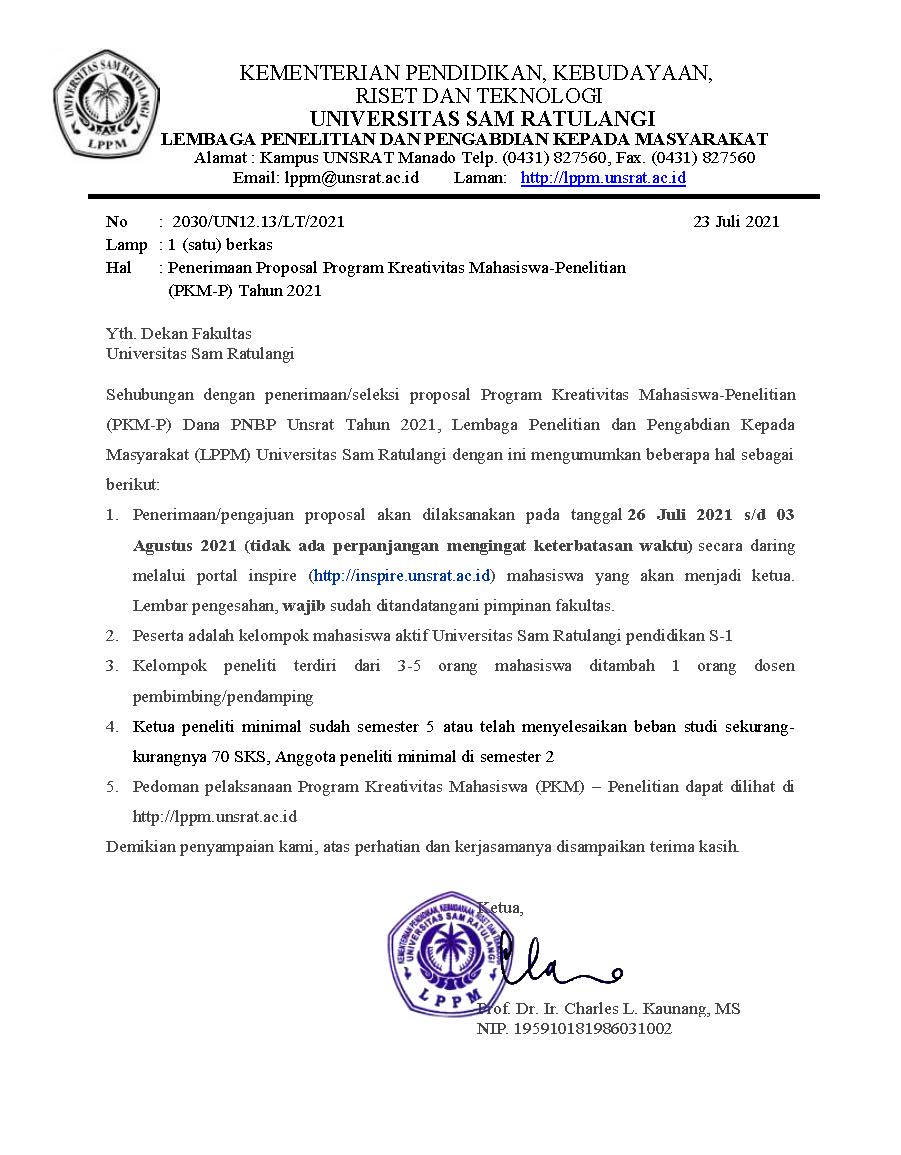 Penerimaan Proposal PKM untuk mahasiswa dana PNBP